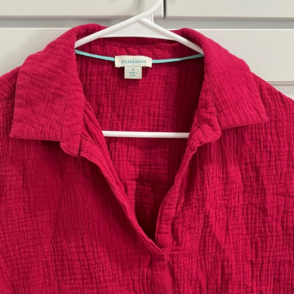 Sundance Women's Pink 100% Cotton Short Sleeve V Neck Cropped Shirt Top - Picture 7 of 11